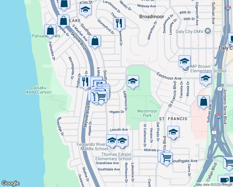 map of restaurants, bars, coffee shops, grocery stores, and more near 155 Westmoor Avenue in Daly City