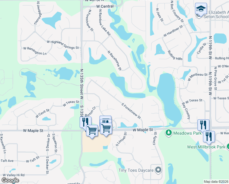 map of restaurants, bars, coffee shops, grocery stores, and more near 106 South Forestview Court in Wichita