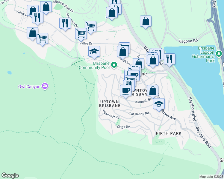 map of restaurants, bars, coffee shops, grocery stores, and more near 149 Sierra Point Road in Brisbane