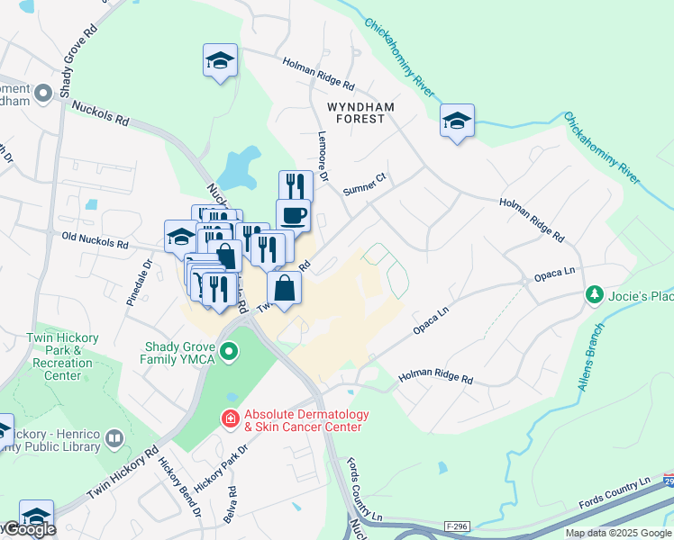 map of restaurants, bars, coffee shops, grocery stores, and more near 5431 Hickory Ann Drive in Glen Allen