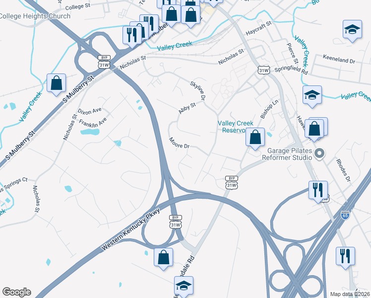 map of restaurants, bars, coffee shops, grocery stores, and more near 101 Jennie Lane in Elizabethtown