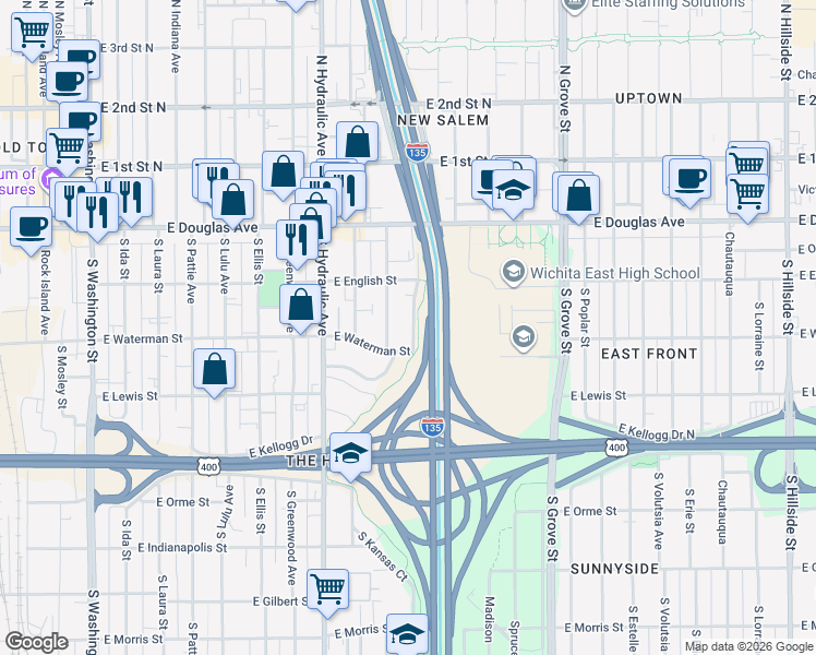 map of restaurants, bars, coffee shops, grocery stores, and more near 253 Minnesota in Wichita