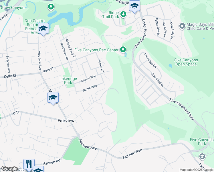 map of restaurants, bars, coffee shops, grocery stores, and more near 23300 Thurston Court in Hayward