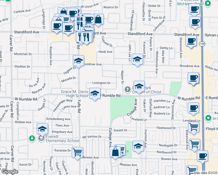 map of restaurants, bars, coffee shops, grocery stores, and more near 1013 Wellington Dr in Modesto