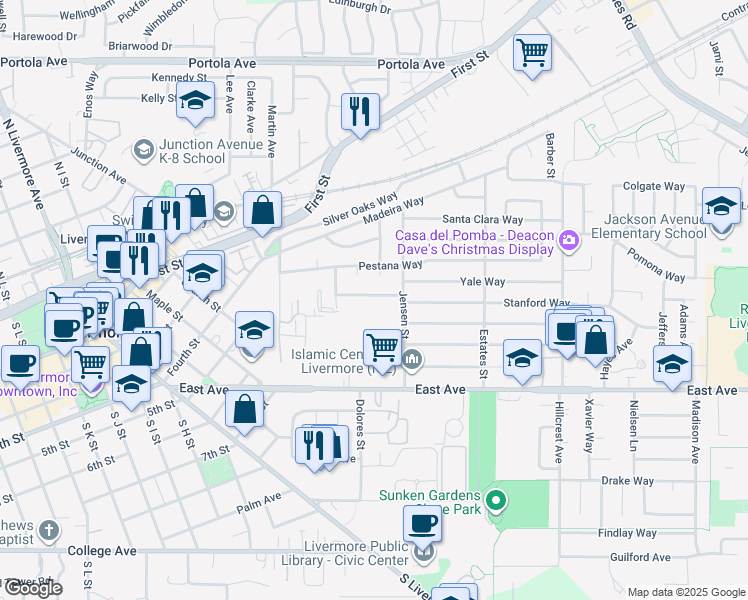 map of restaurants, bars, coffee shops, grocery stores, and more near 3685 Oregon Way in Livermore