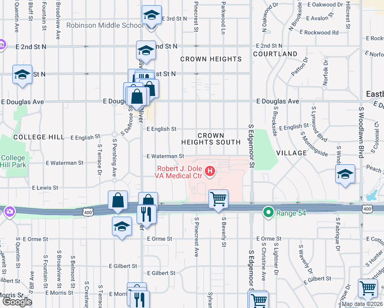 map of restaurants, bars, coffee shops, grocery stores, and more near 5122 East Waterman Street in Wichita