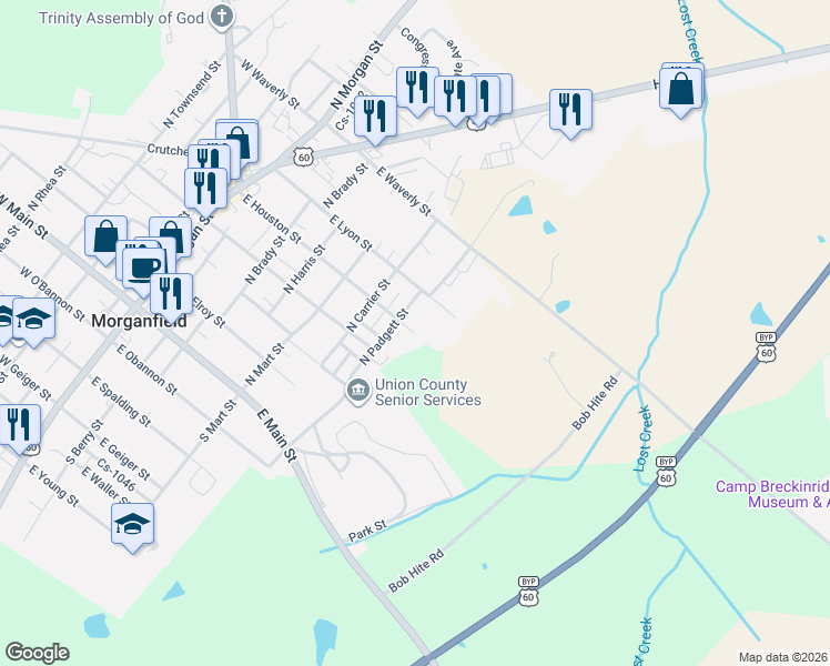 map of restaurants, bars, coffee shops, grocery stores, and more near 799 East Houston Street in Morganfield