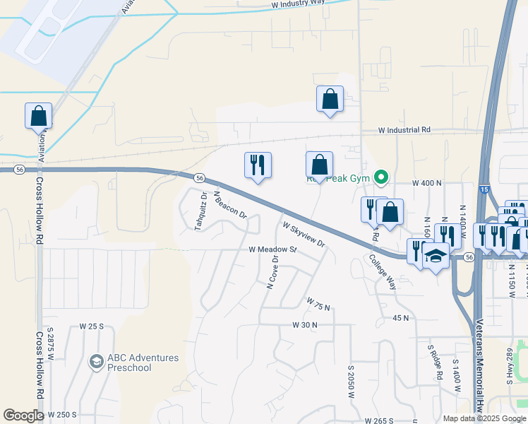 map of restaurants, bars, coffee shops, grocery stores, and more near 288 North Torrey Pines Circle in Cedar City