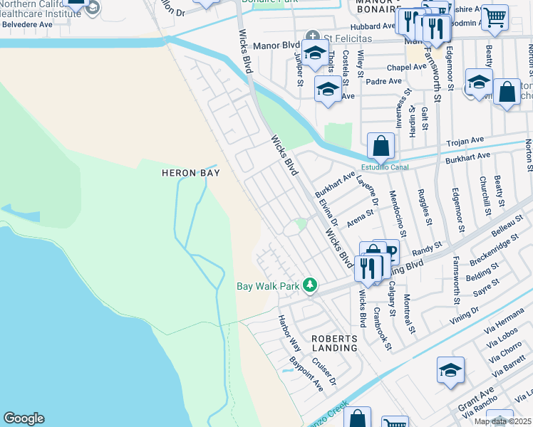 map of restaurants, bars, coffee shops, grocery stores, and more near 525 Santa Ynez in San Leandro