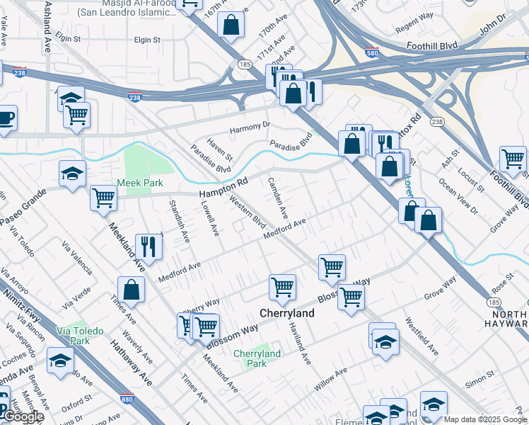 map of restaurants, bars, coffee shops, grocery stores, and more near 19750 Western Boulevard in Hayward