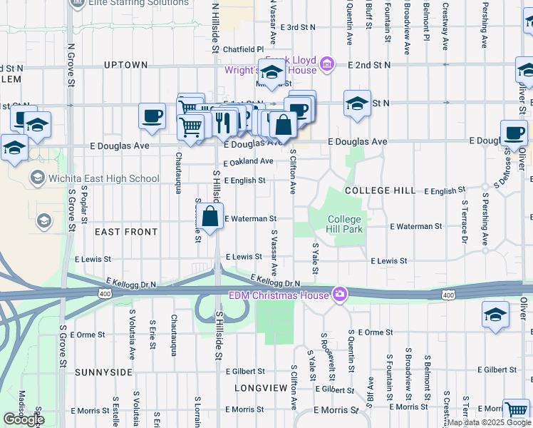 map of restaurants, bars, coffee shops, grocery stores, and more near 3418 East Waterman Street in Wichita