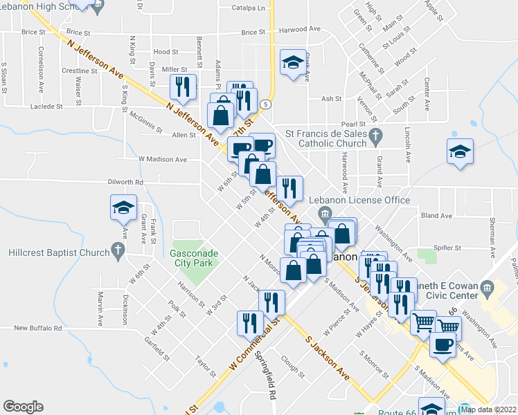 map of restaurants, bars, coffee shops, grocery stores, and more near 446 North Madison Avenue in Lebanon