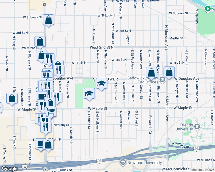 map of restaurants, bars, coffee shops, grocery stores, and more near 124 South Sheridan Street in Wichita
