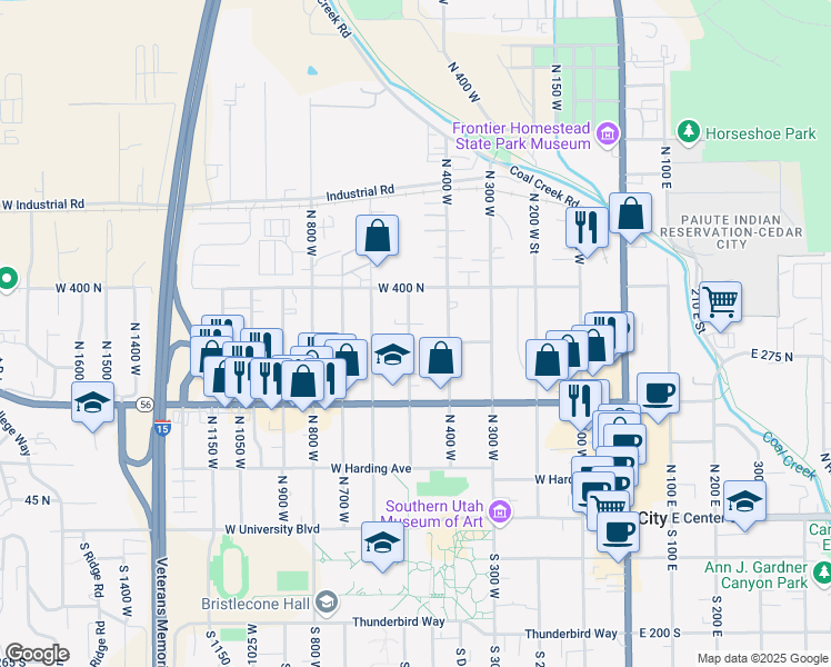 map of restaurants, bars, coffee shops, grocery stores, and more near 320 North 500 West in Cedar City