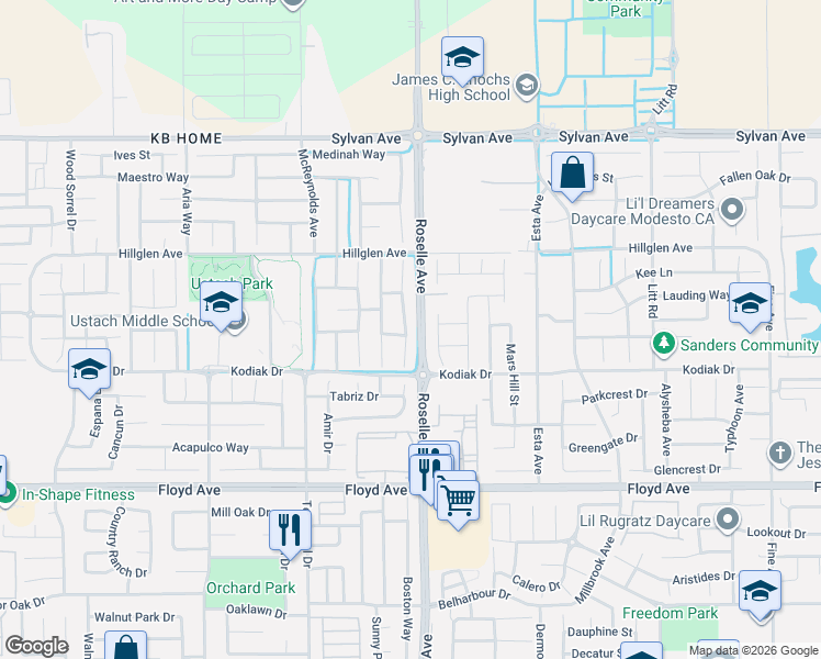 map of restaurants, bars, coffee shops, grocery stores, and more near 3101 Dovehouse Lane in Modesto