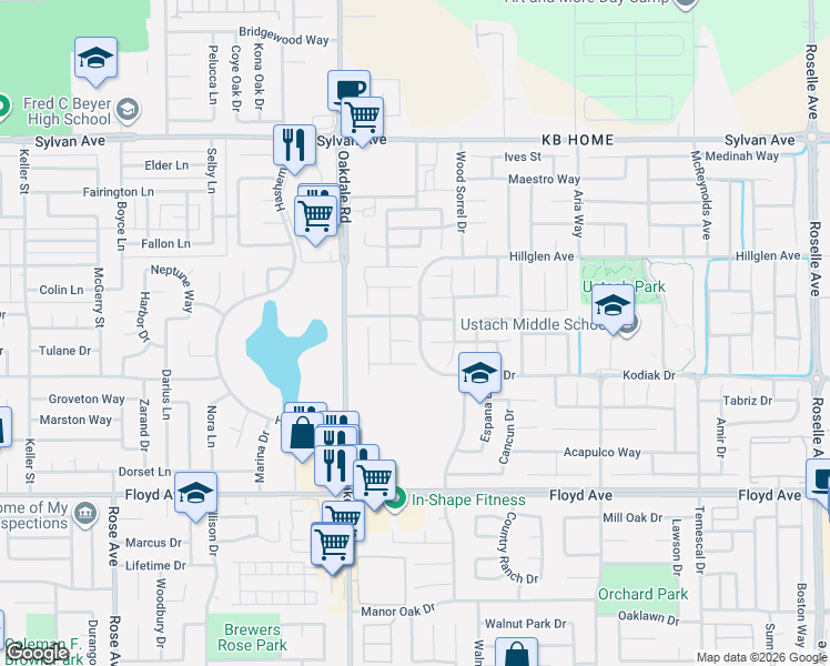map of restaurants, bars, coffee shops, grocery stores, and more near 2209 Saint Herman Court in Modesto