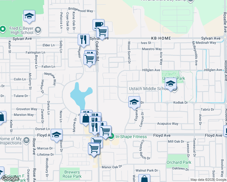 map of restaurants, bars, coffee shops, grocery stores, and more near 2209 Saint Herman Court in Modesto