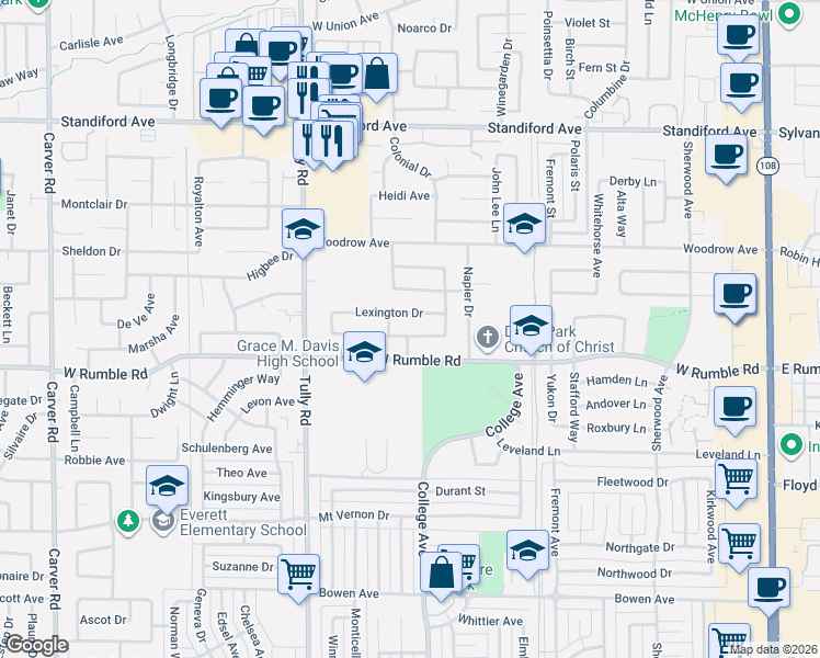 map of restaurants, bars, coffee shops, grocery stores, and more near 1013 Wellington Drive in Modesto