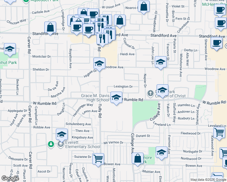 map of restaurants, bars, coffee shops, grocery stores, and more near 1209 Wellington Drive in Modesto