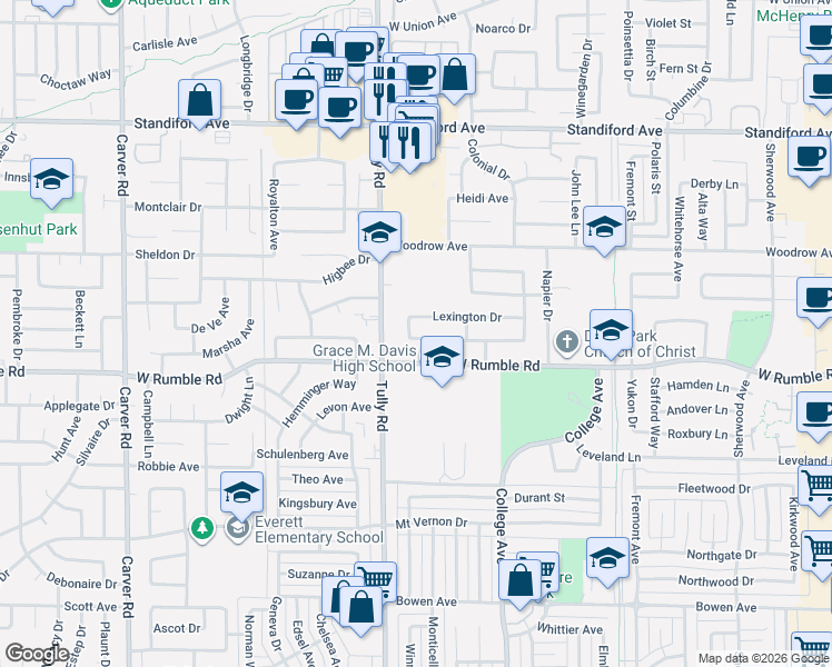 map of restaurants, bars, coffee shops, grocery stores, and more near 1209 Wellington Drive in Modesto