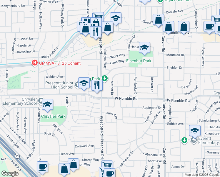 map of restaurants, bars, coffee shops, grocery stores, and more near 2056 Winton Avenue in Modesto