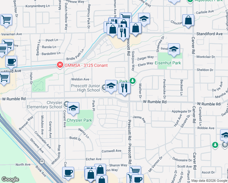 map of restaurants, bars, coffee shops, grocery stores, and more near 3017 Holiday Lane in Modesto