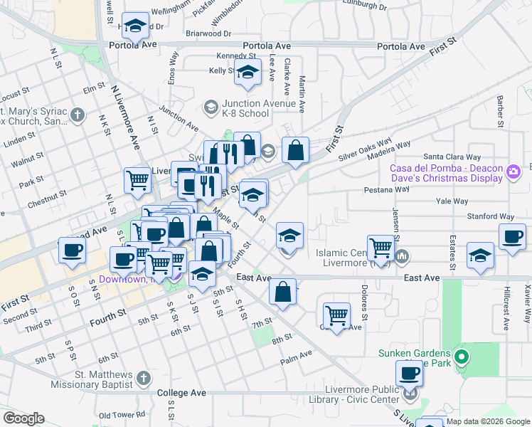 map of restaurants, bars, coffee shops, grocery stores, and more near in Livermore