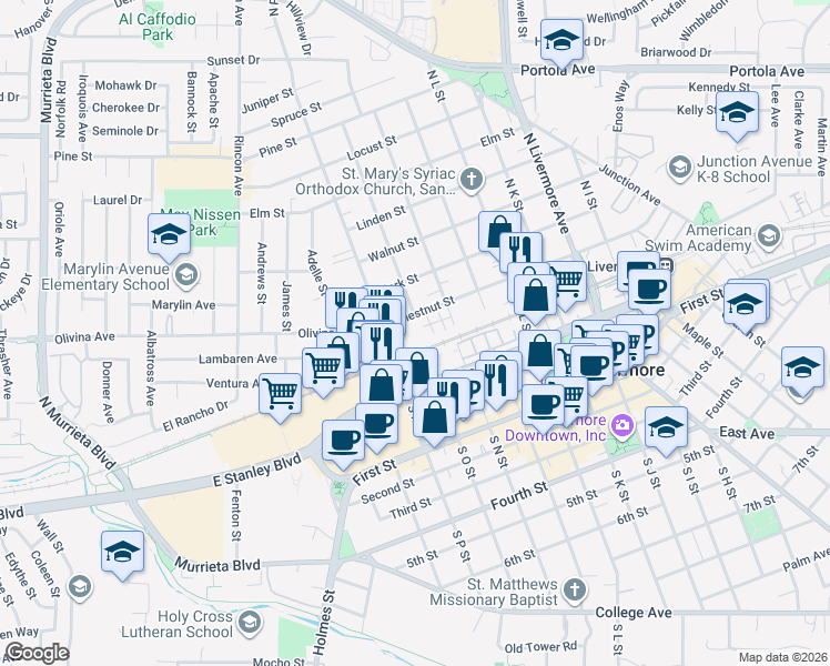 map of restaurants, bars, coffee shops, grocery stores, and more near 1759 Chestnut Street in Livermore