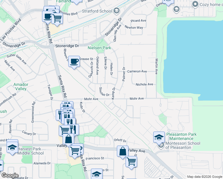map of restaurants, bars, coffee shops, grocery stores, and more near 3512 Kamp Drive in Pleasanton