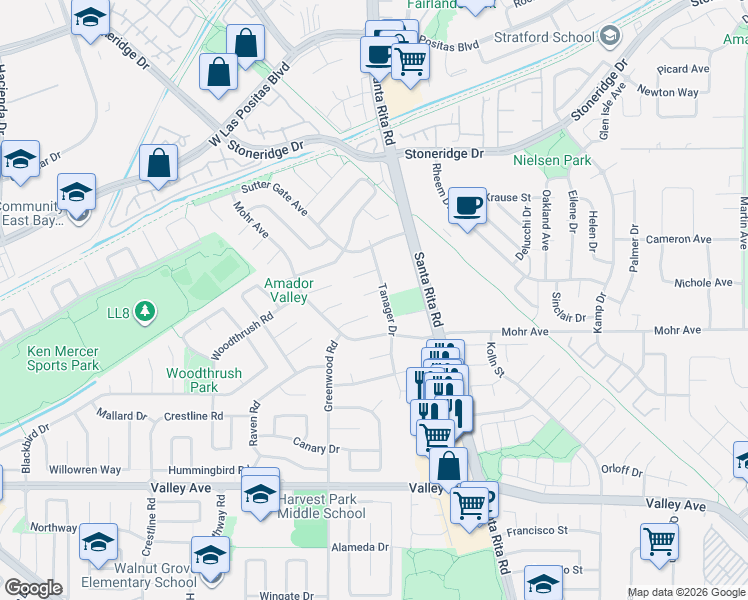 map of restaurants, bars, coffee shops, grocery stores, and more near 2446 Tanager Drive in Pleasanton