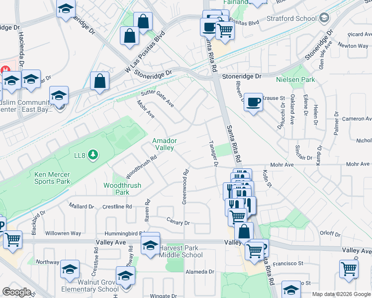 map of restaurants, bars, coffee shops, grocery stores, and more near 4788 Woodthrush Court in Pleasanton