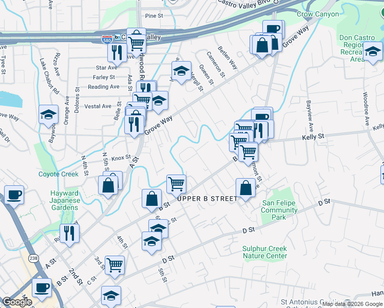 map of restaurants, bars, coffee shops, grocery stores, and more near 22449 Linden Street in Hayward