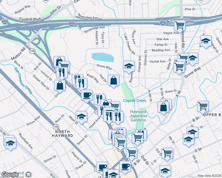 map of restaurants, bars, coffee shops, grocery stores, and more near 21735 Gail Drive in Castro Valley