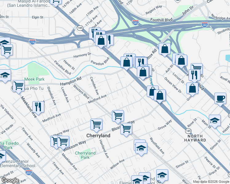 map of restaurants, bars, coffee shops, grocery stores, and more near 20905 Cardoza Court in Hayward