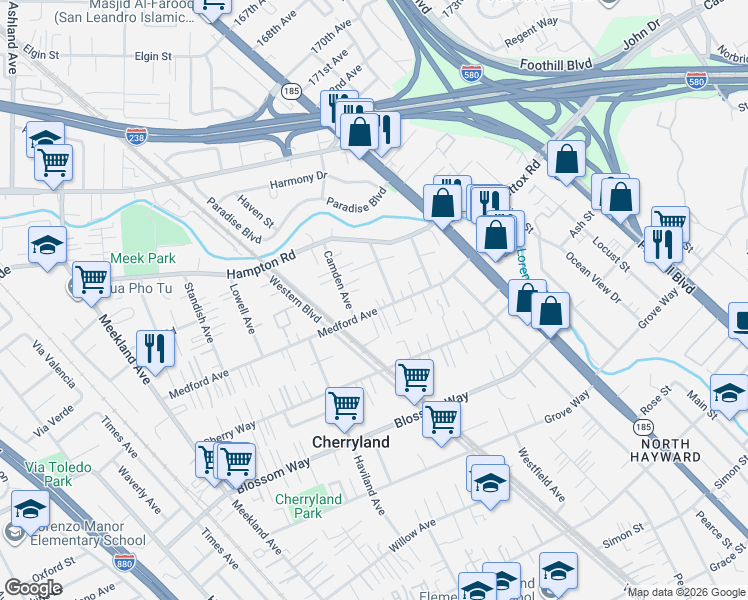 map of restaurants, bars, coffee shops, grocery stores, and more near 694 Medford Avenue in Hayward