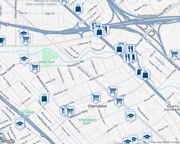 map of restaurants, bars, coffee shops, grocery stores, and more near 19750 Western Boulevard in Hayward