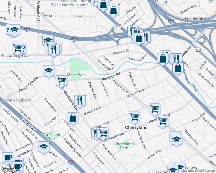 map of restaurants, bars, coffee shops, grocery stores, and more near 18948 Lowell Avenue in Hayward