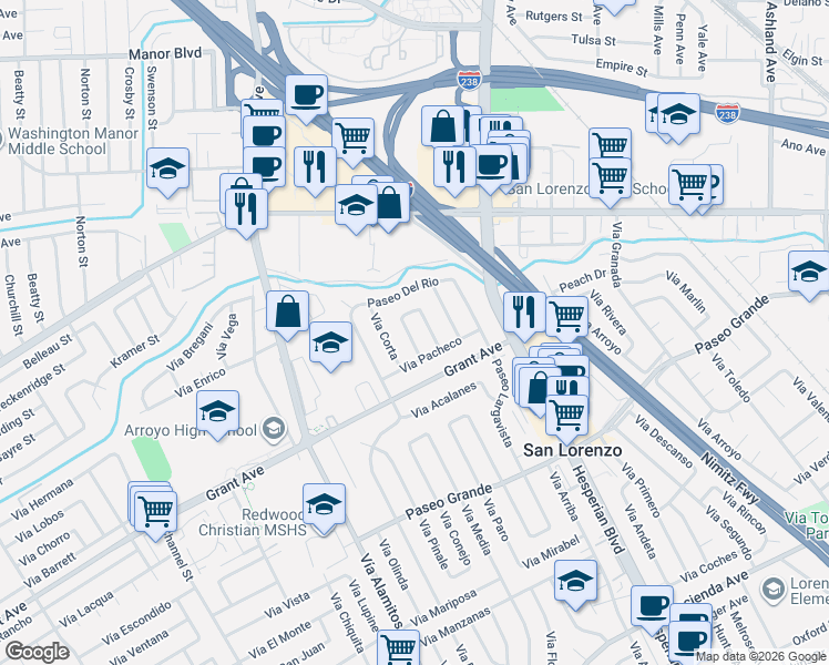 map of restaurants, bars, coffee shops, grocery stores, and more near 15756 Via Regio in San Lorenzo