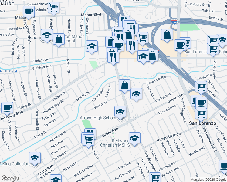map of restaurants, bars, coffee shops, grocery stores, and more near 15588 Lorenzo Avenue in San Lorenzo
