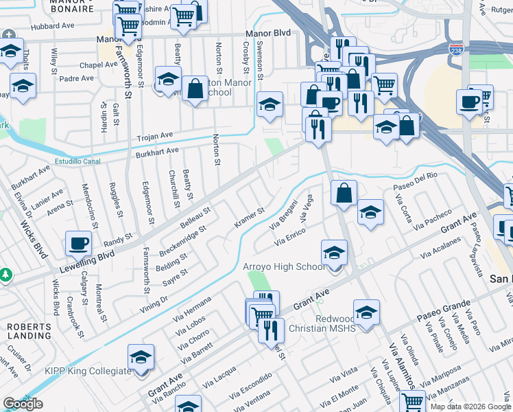 map of restaurants, bars, coffee shops, grocery stores, and more near 15584 Tilden Street in San Leandro