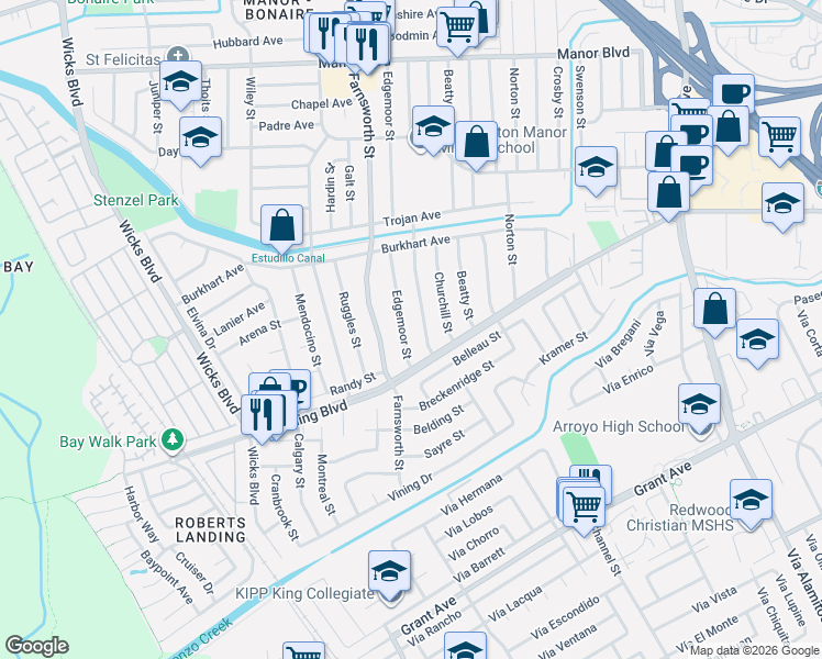 map of restaurants, bars, coffee shops, grocery stores, and more near 15367 Dewey Street in San Leandro