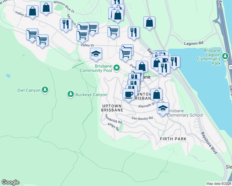 map of restaurants, bars, coffee shops, grocery stores, and more near 149 Sierra Point Road in Brisbane