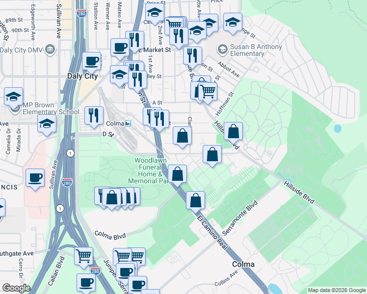 map of restaurants, bars, coffee shops, grocery stores, and more near 464 E Street in Colma