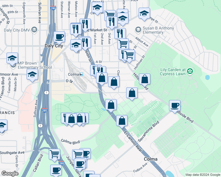 map of restaurants, bars, coffee shops, grocery stores, and more near 464 E Street in Colma