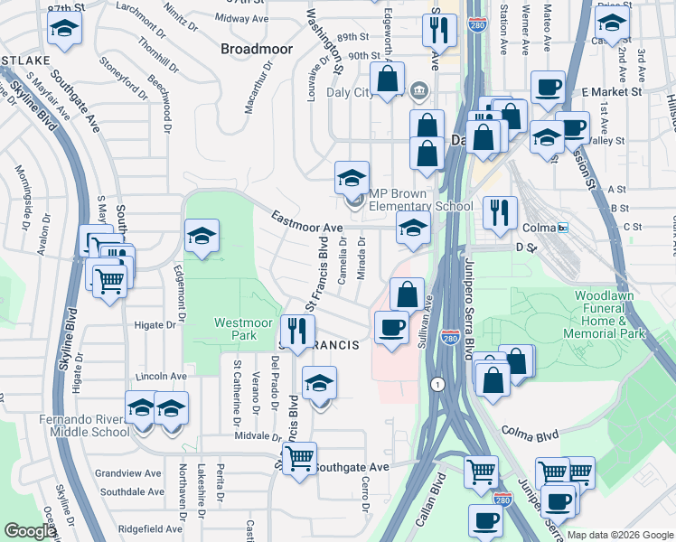 map of restaurants, bars, coffee shops, grocery stores, and more near 163 Camelia Drive in Daly City