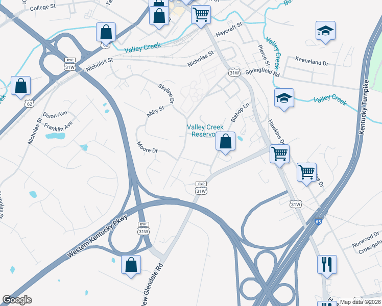 map of restaurants, bars, coffee shops, grocery stores, and more near 501-515 Glencrest Avenue in Elizabethtown