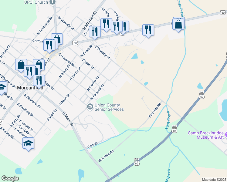 map of restaurants, bars, coffee shops, grocery stores, and more near East Lyon Street in Morganfield