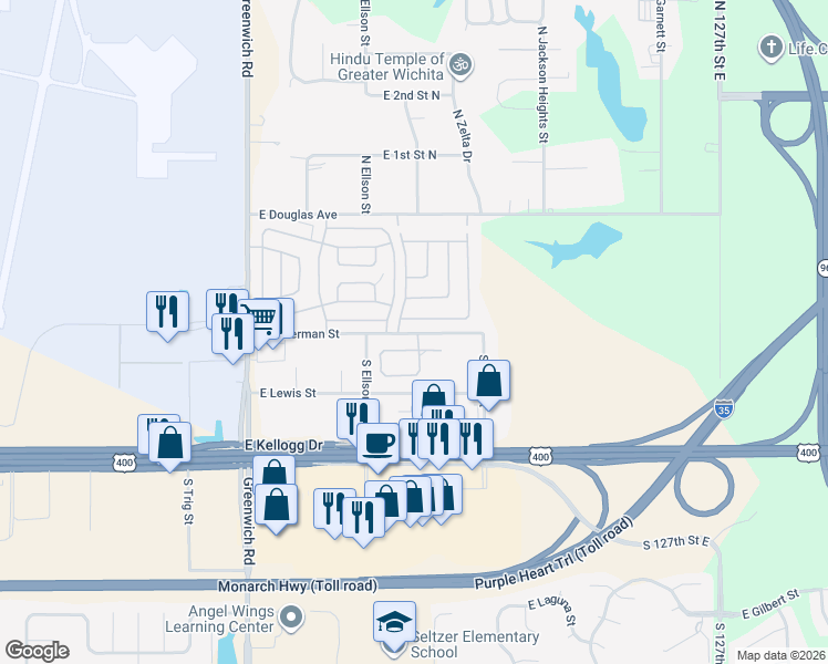 map of restaurants, bars, coffee shops, grocery stores, and more near 11700 East Waterman Street in Wichita