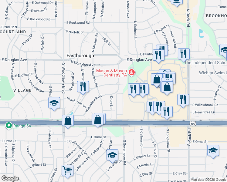 map of restaurants, bars, coffee shops, grocery stores, and more near 5 East Willowbrook Road in Eastborough