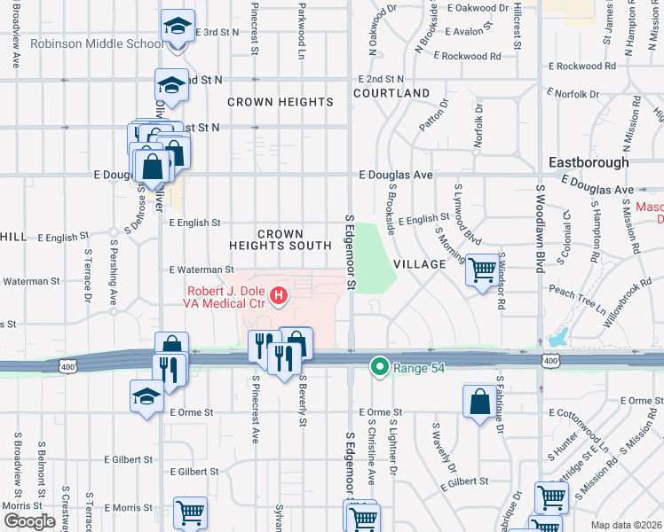 map of restaurants, bars, coffee shops, grocery stores, and more near 5500-5598 East Waterman Street in Wichita